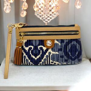 Spartina Natural Linen/Leather "Moonglade" Blue Print Tassel Wristlet